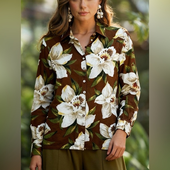 Jones New York Tops - Jones New York SPORT 100% Cotton Floral Tropical Long Sleeve Button Top M